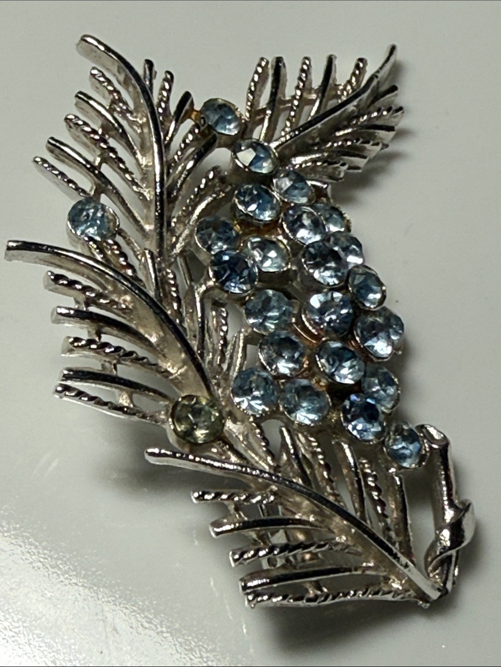 Coro Silver-Tone Leaf Brooch with Light Blue Crystals